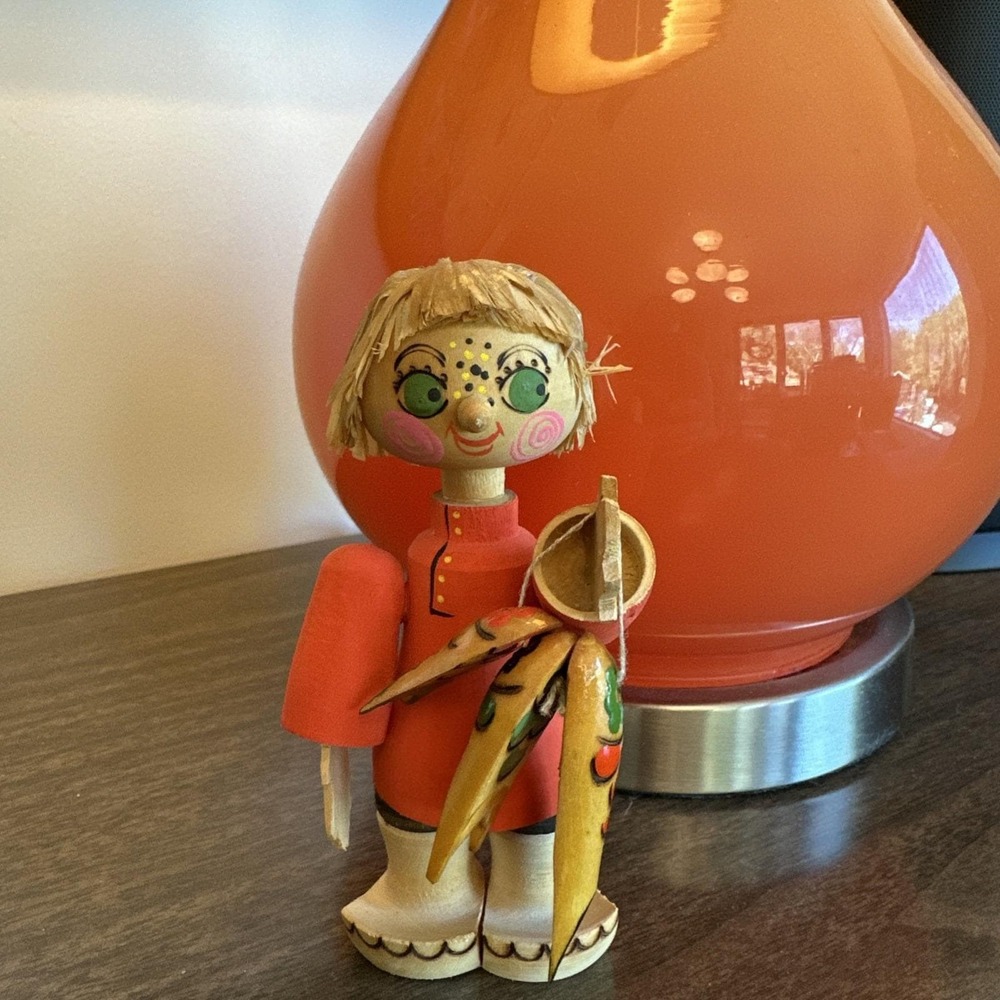 Vintage Russian Beriozka Folk Art Carved Wooden Figurines Boy With Fish USSR